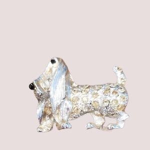Vintage Basset Hound Rhinestone Silver Tone Brooch